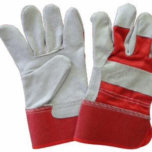 “Pair of durable red leather working gloves for industrial and construction use.”